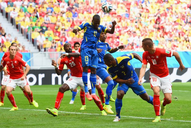 BRASILIA, BRAZIL - JUNE 15: Enner Valencia of Ecuador (C) scores his team's first goal on a header during the 2014 FIFA World Cup Brazil Group E match between Switzerland and Ecuador at Estadio Nacional on June 15, 2014 in Brasilia, Brazil. (Photo by Stu Forster/Getty Images) BRASILIA, BRAZIL - JUNE 15: Enner Valencia of Ecuador (C) scores his team's first goal on a header during the 2014 FIFA World Cup Brazil Group E match between Switzerland and Ecuador at Estadio Nacional on June 15, 2014 in Brasilia, Brazil. (Photo by Stu Forster/Getty Images)