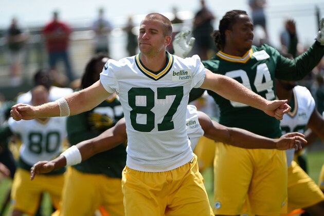 Jun 17, 2014; Green Bay, WI, USA;  Green Bay Packers wide receiver Jordy Nelson stretches during the team's minicamp at Ray Nitschke Field. Mandatory Credit: Benny Sieu-USA TODAY Sports