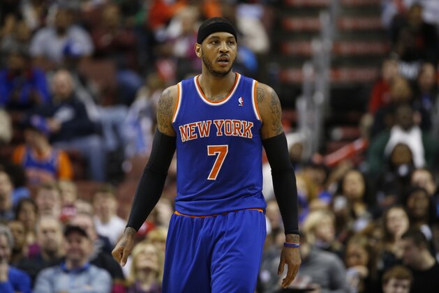 New York Knicks' Carmelo Anthony in action during an NBA basketball game against the Philadelphia 76ers, Friday, March 21, 2014, in Philadelphia. (AP Photo/Matt Slocum)