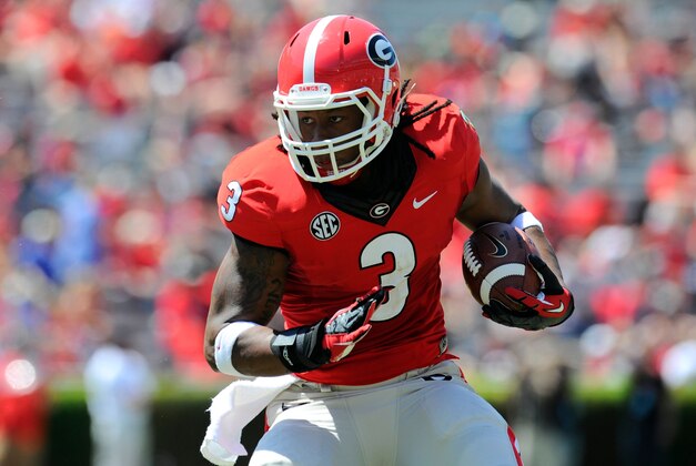 Apr 12, 2014; Athens, GA, USA; Georgia Bulldogs running back Todd Gurley (3) runs for a touchdown during the first half of the Georgia Spring Game at Sanford Stadium. Red defeated Black 27-24. Mandatory Credit: Dale Zanine-USA TODAY Sports