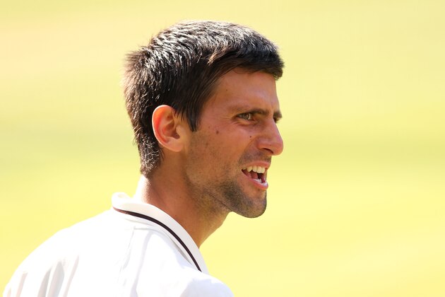 LONDON, ENGLAND - JULY 07:  Novak Djokovic of Serbia reacts during the Gentlemen's Singles Final match against Andy Murray of Great Britain on day thirteen of the Wimbledon Lawn Tennis Championships at the All England Lawn Tennis and Croquet Club on July 7, 2013 in London, England.  (Photo by Julian Finney/Getty Images)