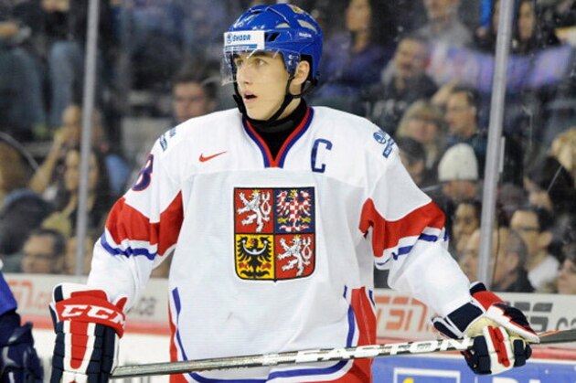 Czech Republic forward Petr Straka, left, and defenseman Petr Senkerik react to teammate Ondrej Palat's game winning goal during the third period of an IIHF World Junior Championship relegation round hockey game against Germany in Lewiston, N.Y. on Sunday, Jan. 2, 2011. Czech Republic won 3-2.  (AP Photo/Don Heupel)