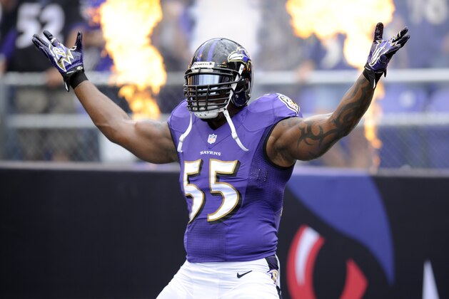 FILE - In this file photo from Sept. 22, 2013, Baltimore Ravens outside linebacker Terrell Suggs is introduced before an NFL football game in Baltimore. The Ravens announced, Monday, Feb. 17, 2014, Suggs signed a four-year extension with the team. His extension with saves the Ravens salary cap room and puts the linebacker in position to finish his career in Baltimore. Suggs, 31, signed a six-year deal in 2009 that expired after the 2014 season. Now he’s signed through 2018. (AP Photo/Nick Wass, File)