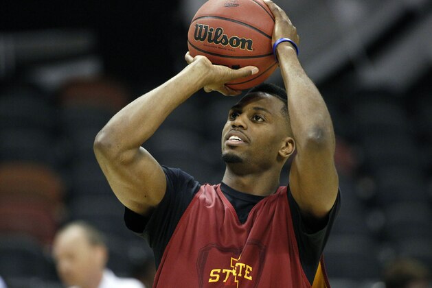 Mar 20, 2014; San Antonio, TX, USA; Iowa State Cyclones forward Melvin Ejim (3) shoots during practice before the second round of the 2014 NCAA Tournament at AT&T Center. Mandatory Credit: Soobum Im-USA TODAY Sports