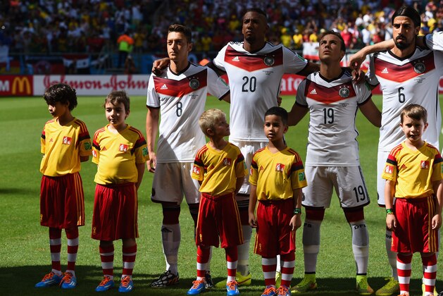 SALVADOR, BRAZIL - JUNE 16:  Mesut Oezil, Jerome Boateng, Mario Goetze and Sami Khedira of Germany look on before the 2014 FIFA World Cup Brazil Group G match between Germany and Portugal at Arena Fonte Nova on June 16, 2014 in Salvador, Brazil.  (Photo by Stu Forster/Getty Images)