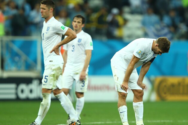 SAO PAULO, BRAZIL - JUNE 19:  Steven Gerrard of England looks down after a 2-1 defeat in the 2014 FIFA World Cup Brazil Group D match between Uruguay and England at Arena de Sao Paulo on June 19, 2014 in Sao Paulo, Brazil.  (Photo by Clive Rose/Getty Images)
