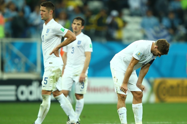 SAO PAULO, BRAZIL - JUNE 19:  Steven Gerrard of England looks down after a 2-1 defeat in the 2014 FIFA World Cup Brazil Group D match between Uruguay and England at Arena de Sao Paulo on June 19, 2014 in Sao Paulo, Brazil.  (Photo by Clive Rose/Getty Images)
