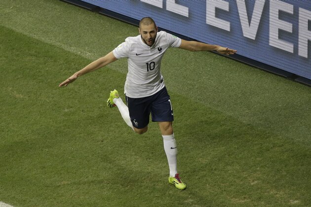 France's Karim Benzema celebrates before his goal was disallowed after Netherlands referee Bjorn Kulpers had blown his whistle for full time before the ball entered the gaol during the group E World Cup soccer match between Switzerland and France at the Arena Fonte Nova in Salvador, Brazil, Friday, June 20, 2014. (AP Photo/Sergei Grits) France's Karim Benzema celebrates before his goal was disallowed after Netherlands referee Bjorn Kulpers had blown his whistle for full time before the ball entered the gaol during the group E World Cup soccer match between Switzerland and France at the Arena Fonte Nova in Salvador, Brazil, Friday, June 20, 2014. (AP Photo/Sergei Grits)