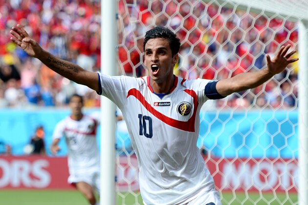 RECIFE, BRAZIL - JUNE 20:  Bryan Ruiz of Costa Rica celebrates scoring his team's first goal during the 2014 FIFA World Cup Brazil Group D match between Italy and Costa Rica at Arena Pernambuco on June 20, 2014 in Recife, Brazil.  (Photo by Jamie McDonald/Getty Images)