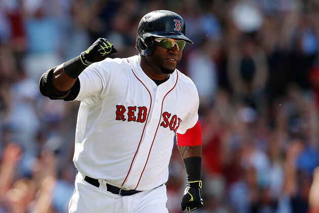 BOSTON, MA - JUNE 18: David Ortiz #34 of the Boston Red Sox reacts after he connected for a game-tying home run against Minnesota Twins in the 10th inning at Fenway Park on June 18, 2014 in Boston, Massachusetts.  (Photo by Jim Rogash/Getty Images)