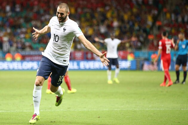 SALVADOR, BRAZIL - JUNE 20: Karim Benzema of France celebrates a goal that came after the referee had blown full time during the 2014 FIFA World Cup Brazil Group E match between Switzerland and France at Arena Fonte Nova on June 20, 2014 in Salvador, Brazil.  (Photo by Adam Pretty/Getty Images)