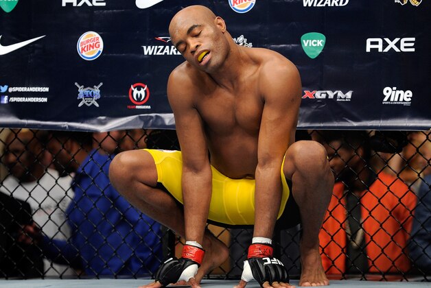 Anderson Silva warms up before his UFC 162 mixed martial arts middleweight championship bout against Chris Weidman at the MGM Grand Garden Arena on Saturday, July 6, 2013, in Las Vegas.  Weidman won the fight with a TKO. (AP Photo/David Becker)