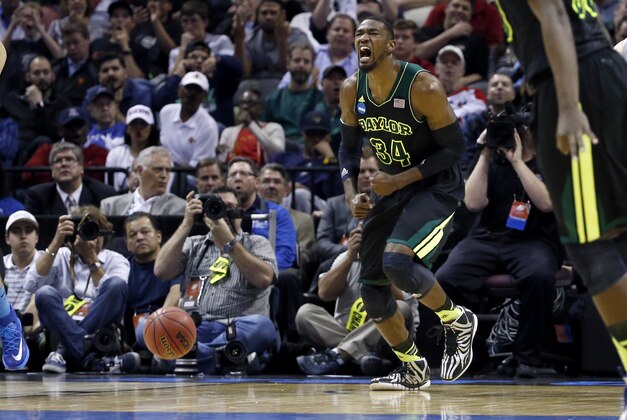 Mar 23, 2014; San Antonio, TX, USA; Baylor Bears forward Cory Jefferson (34) celebrates making a dunk in the second half of a men's college basketball game against the Creighton Bluejays during the third round of the 2014 NCAA Tournament at AT&T Center. Mandatory Credit: Kevin Jairaj-USA TODAY Sports