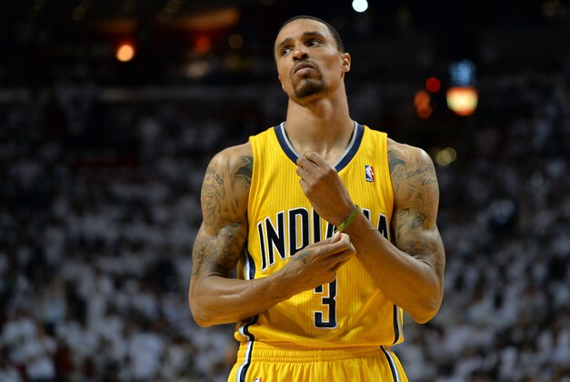 May 24, 2014; Miami, FL, USA; Indiana Pacers guard George Hill (3) reacts against the Miami Heat in game three of the Eastern Conference Finals of the 2014 NBA Playoffs at American Airlines Arena. Mandatory Credit: Steve Mitchell-USA TODAY Sports