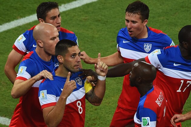NATAL, BRAZIL - JUNE 16:  Clint Dempsey of the United States celebrates with teammates after scoring his team's first goal during the 2014 FIFA World Cup Brazil Group G match between Ghana and the United States at Estadio das Dunas on June 16, 2014 in Natal, Brazil.  (Photo by Laurence Griffiths/Getty Images)