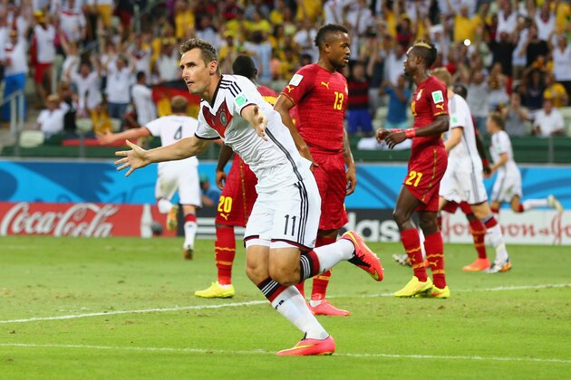 FORTALEZA, BRAZIL - JUNE 21:  Miroslav Klose of Germany celebrates scoring his team's second goal during the 2014 FIFA World Cup Brazil Group G match between Germany and Ghana at Castelao on June 21, 2014 in Fortaleza, Brazil.  (Photo by Martin Rose/Getty Images)