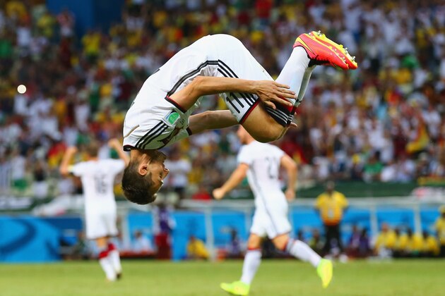 FORTALEZA, BRAZIL - JUNE 21:  Miroslav Klose of Germany does a flip in celebration of scoring his team's second goal during the 2014 FIFA World Cup Brazil Group G match between Germany and Ghana at Castelao on June 21, 2014 in Fortaleza, Brazil.  (Photo by Martin Rose/Getty Images)
