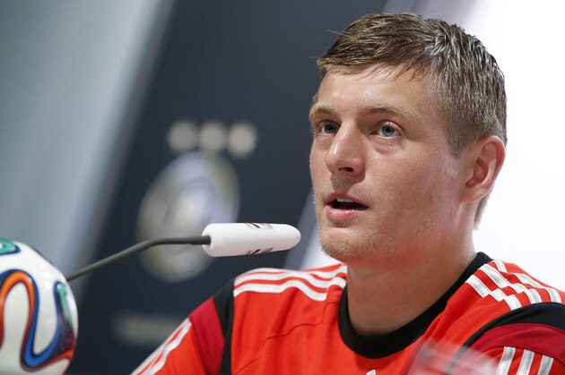 Germany national soccer player Toni Kroos attends a news conference in Santo Andre near Porto Seguro, Brazil, Wednesday, June 18, 2014. Germany play in group G of the 2014 soccer World Cup. (AP Photo/Matthias Schrader)