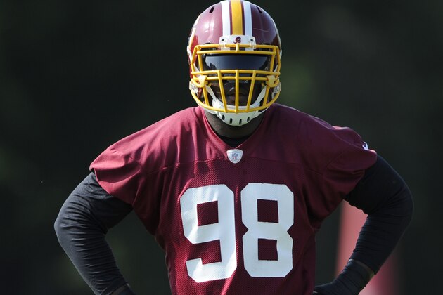 Washington Redskins linebacker Brian Orakpo (98) looks on during NFL football minicamp, Wednesday, June 18, 2014, in Ashburn, Va. (AP Photo/Nick Wass)