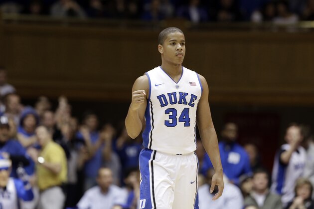 Duke's Andre Dawkins (34) pumps a fist following a play against Florida State during the second half of an NCAA college basketball game in Durham, N.C., Saturday, Jan. 25, 2014. Duke won 78-56. (AP Photo/Gerry Broome)