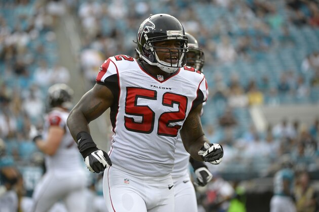 Atlanta Falcons linebacker Akeem Dent (52) runs off the field after the defense recovered a Jacksonville Jaguars fumble during the first half of a preseason NFL football game in Jacksonville, Fla., Thursday, Aug. 30, 2012.(AP Photo/Phelan M. Ebenhack)