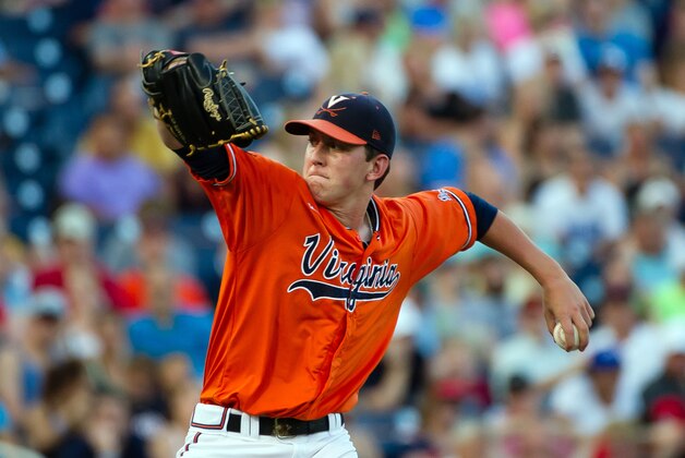Jun 17, 2014; Omaha, NE, USA; Virginia Cavaliers pitcher Brandon Waddell (20) pitches against the TCU Horned Frogs during game eight of the 2014 College World Series at TD Ameritrade Park Omaha. Virginia defeated TCU 3-2 in 15 innings. Mandatory Credit: Steven Branscombe-USA TODAY Sports Jun 17, 2014; Omaha, NE, USA; Virginia Cavaliers pitcher Brandon Waddell (20) pitches against the TCU Horned Frogs during game eight of the 2014 College World Series at TD Ameritrade Park Omaha. Virginia defeated TCU 3-2 in 15 innings. Mandatory Credit: Steven Branscombe-USA TODAY Sports