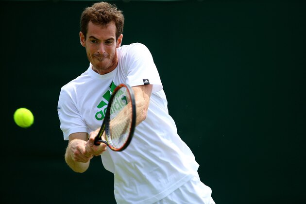 LONDON, ENGLAND - JUNE 21:  Andy Murray of Great Britain in action in a practice session during previews for Wimbledon Championships at Wimbledon on June 21, 2014 in London, England.  (Photo by Al Bello/Getty Images)