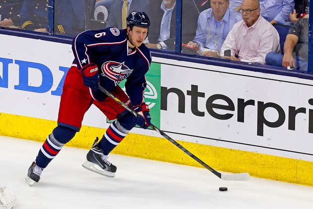 COLUMBUS, OH - APRIL 21:  Nikita Nikitin #6 of the Columbus Blue Jackets controls the puck during Game Three of the First Round of the 2014 NHL Stanley Cup Playoffs against the Pittsburgh Penguins at Nationwide Arena on April 21, 2014 in Columbus, Ohio. (Photo by Kirk Irwin/Getty Images)