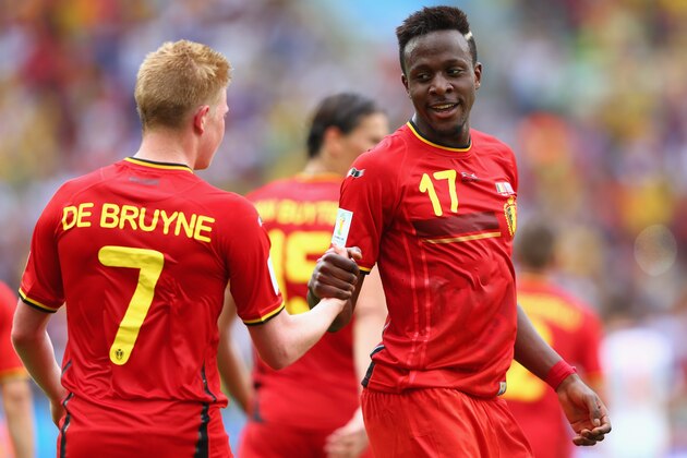 RIO DE JANEIRO, BRAZIL - JUNE 22:  Divock Origi of Belgium (right) celebrates scoring his team's first goal with Kevin De Bruyne during the 2014 FIFA World Cup Brazil Group H match between Belgium and Russia at Maracana on June 22, 2014 in Rio de Janeiro, Brazil.  (Photo by Jamie Squire/Getty Images)