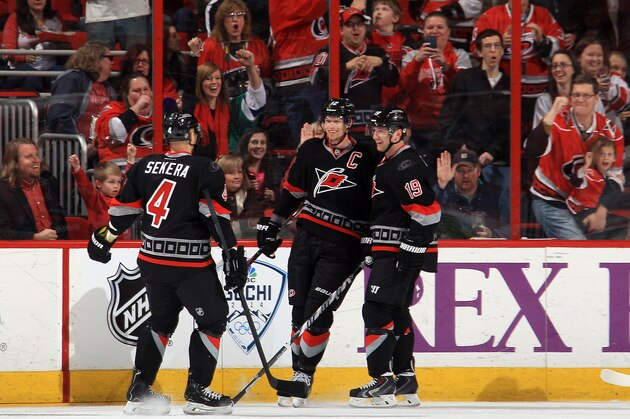 RALEIGH, NC - FEBRUARY 07: Goal scorer Jiri Tlusty #19 of the Carolina Hurricanes is congratulated by teammates Andrej Sekera #4 and Eric Staal #12 following the second-period tally against the Florida Panthers during their NHL game at PNC Arena on February 7, 2014 in Raleigh, North Carolina. (Photo by Gregg Forwerck/NHLI via Getty Images) RALEIGH, NC - FEBRUARY 07: Goal scorer Jiri Tlusty #19 of the Carolina Hurricanes is congratulated by teammates Andrej Sekera #4 and Eric Staal #12 following the second-period tally against the Florida Panthers during their NHL game at PNC Arena on February 7, 2014 in Raleigh, North Carolina. (Photo by Gregg Forwerck/NHLI via Getty Images)
