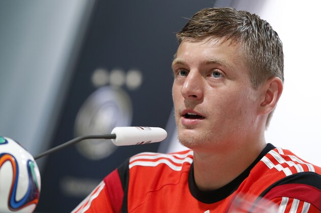Germany national soccer player Toni Kroos attends a news conference in Santo Andre near Porto Seguro, Brazil, Wednesday, June 18, 2014. Germany play in group G of the 2014 soccer World Cup. (AP Photo/Matthias Schrader)