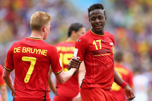 RIO DE JANEIRO, BRAZIL - JUNE 22:  Divock Origi of Belgium (right) celebrates scoring his team's first goal with Kevin De Bruyne during the 2014 FIFA World Cup Brazil Group H match between Belgium and Russia at Maracana on June 22, 2014 in Rio de Janeiro, Brazil.  (Photo by Jamie Squire/Getty Images)