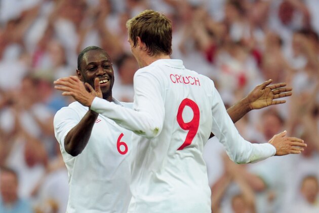 LONDON, ENGLAND - MAY 24: Ledley King of England celebrates his goal with Peter Crouch of England during  the International Friendly match between England and Mexico at Wembley Stadium on May 24, 2010 in London, England.  (Photo by Shaun Botterill/Getty Images)