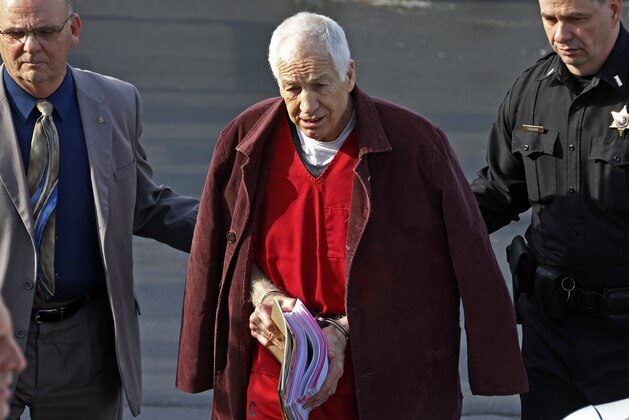 FILE - In this Jan. 10, 2013 file photo, former Penn State University assistant football coach Jerry Sandusky, center, leaves the Centre County Courthouse after attending a post-sentence motion hearing in Bellefonte, Pa. Sandusky is expected to participate in the proceeding to have his Penn State pension restored by video conference. The proceeding begins on Tuesday, Jan. 7, 2014. Sandusky lost a $4,900-a-month pension in October 2012, when he was sentenced to 30 to 60 years in prison for child sexual abuse. (AP Photo/Gene J. Puskar, File) FILE - In this Jan. 10, 2013 file photo, former Penn State University assistant football coach Jerry Sandusky, center, leaves the Centre County Courthouse after attending a post-sentence motion hearing in Bellefonte, Pa. Sandusky is expected to participate in the proceeding to have his Penn State pension restored by video conference. The proceeding begins on Tuesday, Jan. 7, 2014. Sandusky lost a $4,900-a-month pension in October 2012, when he was sentenced to 30 to 60 years in prison for child sexual abuse. (AP Photo/Gene J. Puskar, File)