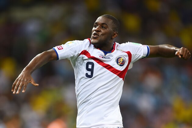 FORTALEZA, BRAZIL - JUNE 14: Joel Campbell of Costa Rica celebrates after defeating Uruguay 3-1 during the 2014 FIFA World Cup Brazil Group D match between Uruguay and Costa Rica at Castelao on June 14, 2014 in Fortaleza, Brazil.  (Photo by Laurence Griffiths/Getty Images)
