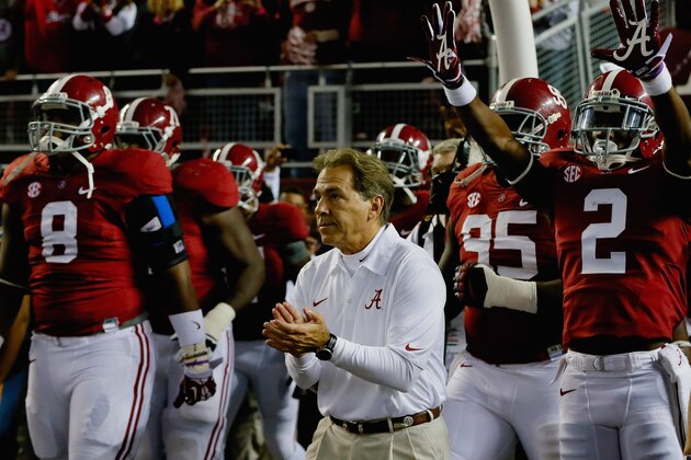 TUSCALOOSA, AL - NOVEMBER 09:  Head coach Nick Saban of the Alabama Crimson Tide reacts on the sidelines in the first quarter of the game against the LSU Tigers at Bryant-Denny Stadium on November 9, 2013 in Tuscaloosa, Alabama.  (Photo by Kevin C. Cox/Getty Images)