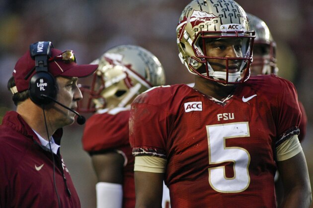 In this photo taken on Saturday, Nov. 23, 2013, Florida State quarterback Jameis Winston (5) look on from the sidelines during the first half of an NCAA college football game against Idaho in Tallahassee, Fla. In a small sampling of college football media, 27 of 33 Heisman Trophy voters say they would consider Winston for the award even if the sexual assault case involving the Florida State quarterback is unresolved before they vote. Winston has not been charged, and prosecutors said Tuesday, Nov. 26, 2013, they likely will need about two more weeks to decide whether to bring charges on the nearly year-old complaint. (AP Photo/Phil Sears)