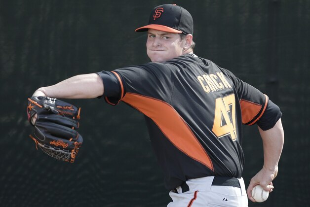 San Francisco Giants invitee pitcher Kyle Crick throws during spring training baseball practice Sunday, Feb. 16, 2014, in Scottsdale, Ariz.  (AP Photo/Gregory Bull)