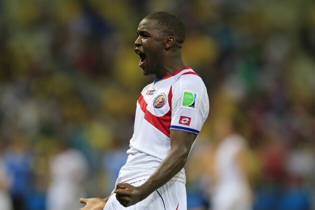 Costa Rica's Joel Campbell celebrates after the group D World Cup soccer match between Uruguay and Costa Rica at the Arena Castelao in Fortaleza, Brazil, Saturday, June 14, 2014.  Costa Rica won the match 3-1. (AP Photo/Bernat Armangue)