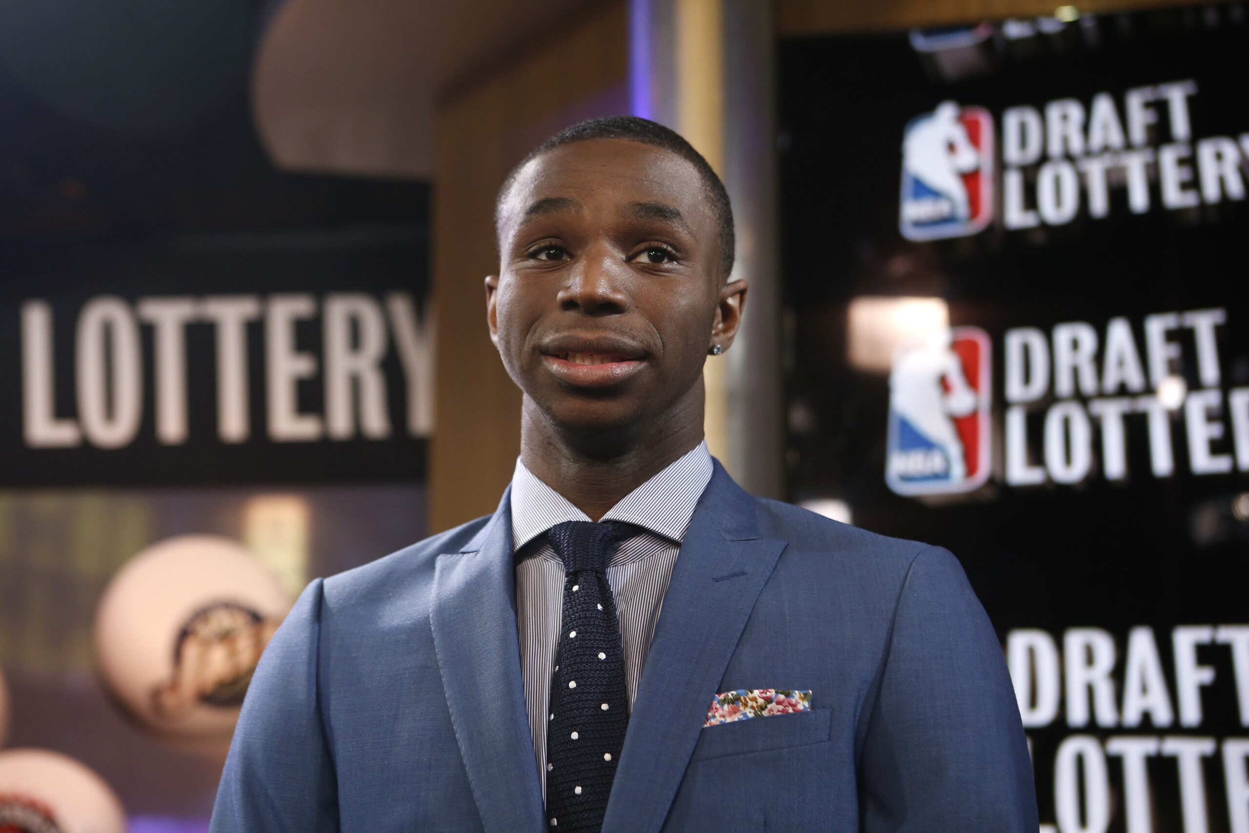 Top NBA draft prospect Andrew Wiggins of Kansas prepares for an interview during the NBA draft lottery in New York, Tuesday, May 20, 2014.  (AP Photo/Kathy Willens)