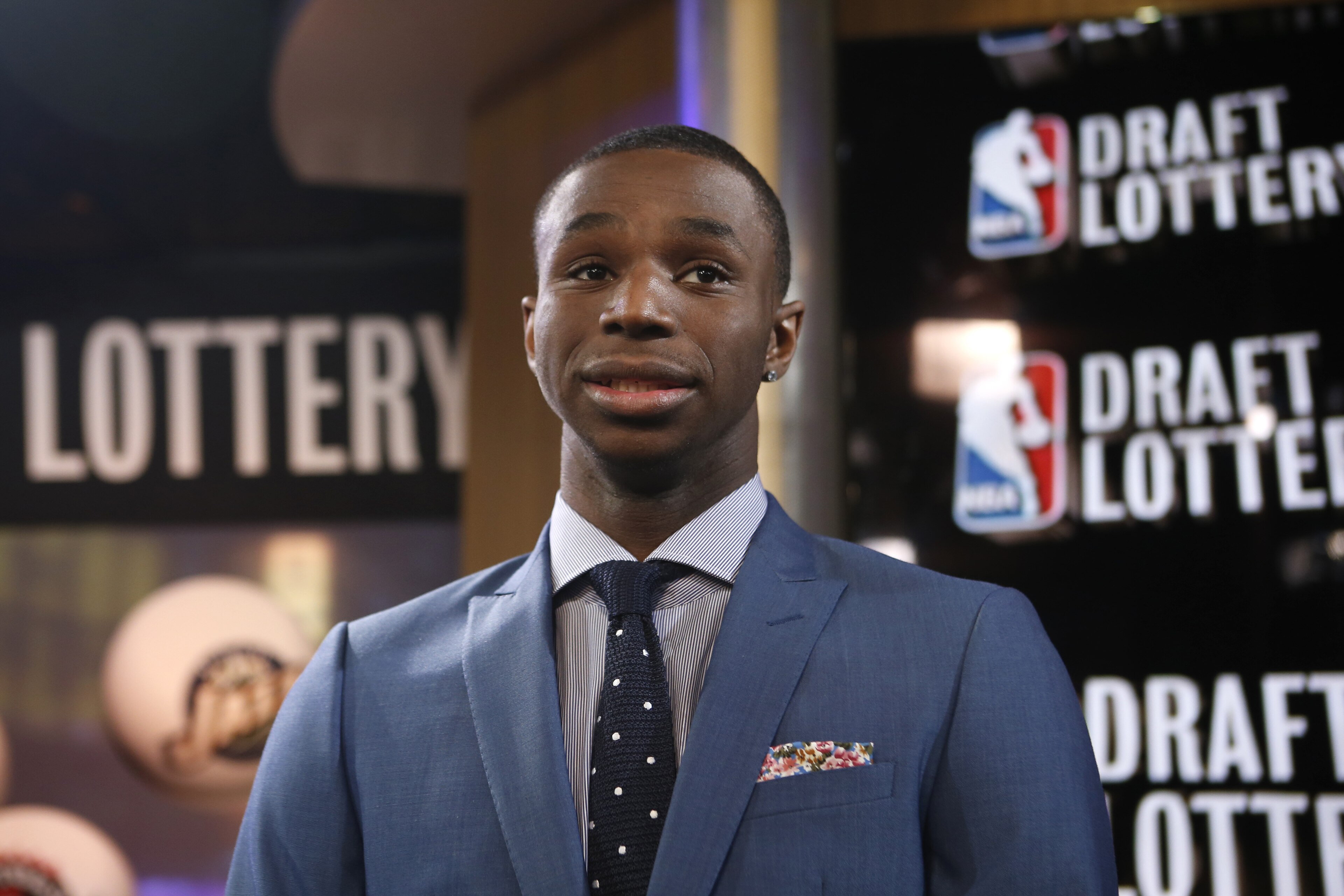 Top NBA draft prospect Andrew Wiggins of Kansas prepares for an interview during the NBA draft lottery in New York, Tuesday, May 20, 2014.  (AP Photo/Kathy Willens)