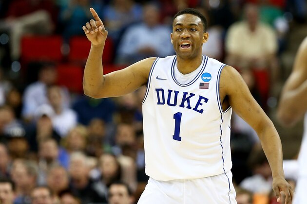 RALEIGH, NC - MARCH 21:  Jabari Parker #1 of the Duke Blue Devils reacts in the second half against the Mercer Bears in the second round of the 2014 NCAA Men's Basketball Tournament at PNC Arena on March 21, 2014 in Raleigh, North Carolina.  (Photo by Streeter Lecka/Getty Images)