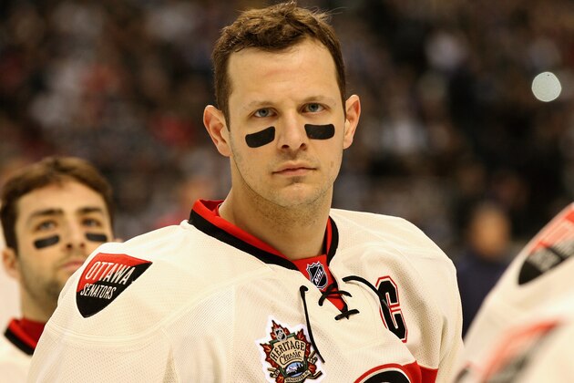 VANCOUVER, BC - MARCH 02:  (EDITORIAL USE ONLY) Jason Spezza #19 of the Ottawa Senators lines up before playing against the Vancouver Canucks during the 2014 Tim Hortons NHL Heritage Classic game at BC Place on March 2, 2014 in Vancouver, British Columbia, Canada.  (Photo by Andre Ringuette/NHLI via Getty Images)