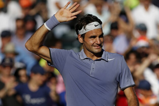 Mar 25, 2014; Miami, FL, USA; Roger Federer waves to the crowd after his match against Richard Gasquet (not pictured) on day nine of the Sony Open at Crandon Tennis Center. Federer won 6-1, 6-2. Mandatory Credit: Geoff Burke-USA TODAY Sports Mar 25, 2014; Miami, FL, USA; Roger Federer waves to the crowd after his match against Richard Gasquet (not pictured) on day nine of the Sony Open at Crandon Tennis Center. Federer won 6-1, 6-2. Mandatory Credit: Geoff Burke-USA TODAY Sports