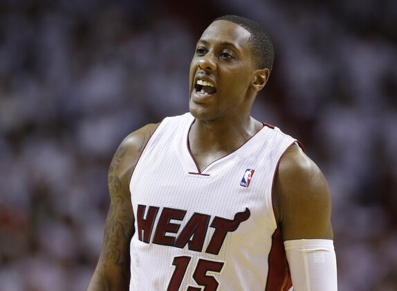 Miami Heat guard Mario Chalmers (15) during the second half of Game 3 in the NBA basketball Eastern Conference finals playoff series against the Indiana Pacers, Saturday, May 24, 2014, in Miami. (AP Photo/Lynne Sladky)