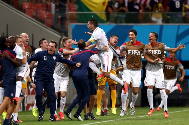 MANAUS, BRAZIL - JUNE 22:  Clint Dempsey of the United States celebrates with teammates after scoring his team's second goal during the 2014 FIFA World Cup Brazil Group G match between the United States and Portugal at Arena Amazonia on June 22, 2014 in Manaus, Brazil.  (Photo by Warren Little/Getty Images)