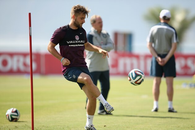 RIO DE JANEIRO, BRAZIL - JUNE 16:  Luke Shaw in action during an England training session at the Urca Military Base on June 16, 2014 in Rio de Janeiro, Brazil.  (Photo by Richard Heathcote/Getty Images)