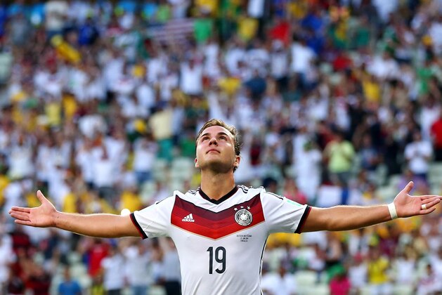 FORTALEZA, BRAZIL - JUNE 21:  Mario Goetze of Germany celebrates scoring his team's first goal during the 2014 FIFA World Cup Brazil Group G match between Germany and Ghana at Castelao on June 21, 2014 in Fortaleza, Brazil.  (Photo by Martin Rose/Getty Images)