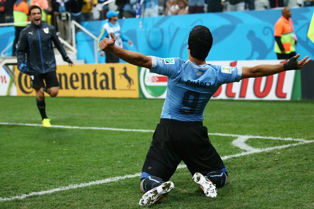 SAO PAULO, BRAZIL - JUNE 19:  Luis Suarez of Uruguay celebrates after scoring his team's second goal during the 2014 FIFA World Cup Brazil Group D match between Uruguay and England at Arena de Sao Paulo on June 19, 2014 in Sao Paulo, Brazil.  (Photo by Julian Finney/Getty Images)