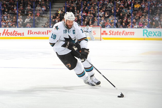 EDMONTON, AB - MARCH 25: Joe Thornton #19 of the San Jose Sharks skates on the ice in a game against the Edmonton Oilers on March 25, 2014 at Rexall Place in Edmonton, Alberta, Canada. (Photo by Andy Devlin/NHLI via Getty Images)